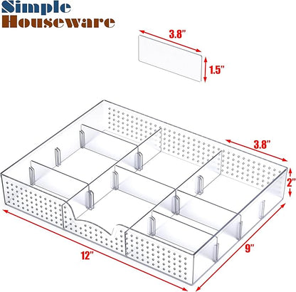 Simple Houseware Drawer Organizer Tray with 9 Adjustable Compartments, Clear