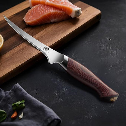 SHAN ZU Fillet Knife 7 inch, Razor Sharp Boning Knife for Meat in 10Cr15Mov Japanese High Carbon Steel Fish knife, Professional Kitchen with Flexible Blade and Ergonomic Pakkawood Handle - Image 7