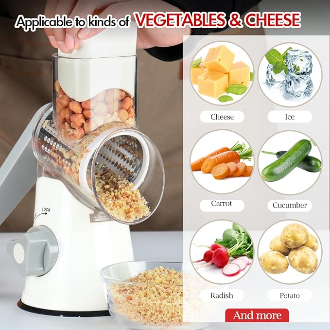 Ourokhome Rotary Cheese Grater Hand Crank, Kitchen Shredder Speed Mandolin Slicer Ice Shaver with Handle and Drum Blades for Cheese, Vegetable, Nuts, Chocolate, Potato, Carrot, 5 Blades, White - Image 8