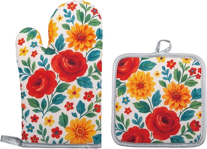 Floral Oven Mitts and Pot Holders Sets 2 Pcs, Canvas Heat Resistant Kitchen Mittens with Hot Pads, Vintage Farmhouse Country Decor, Non-Slip Cooking Baking Grilling Gifts for Women Mom (Flower1)