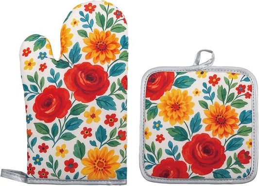 Floral Oven Mitts and Pot Holders Sets 2 Pcs, Canvas Heat Resistant Kitchen Mittens with Hot Pads, Vintage Farmhouse Country Decor, Non-Slip Cooking Baking Grilling Gifts for Women Mom (Flower1)