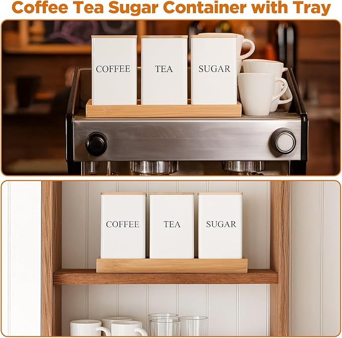 3 Pack Coffee Tea Sugar Container with Tray Airtight Metal Canister with Bamboo Lid Tray for Kitchen Counter Dining Room Farm House Kitchen Style Drink Station Organizer Set(White)
