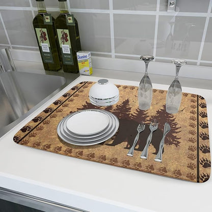 Giwawa 18"x24" Brown Bear Dish Drying Mat Rustic Forest Wildlife Woodland Dish Drainer Mats for Kitchen Countertop Farmhouse Animal Paw Print Fast Dry Microfiber Dish Drying Pad Decoration