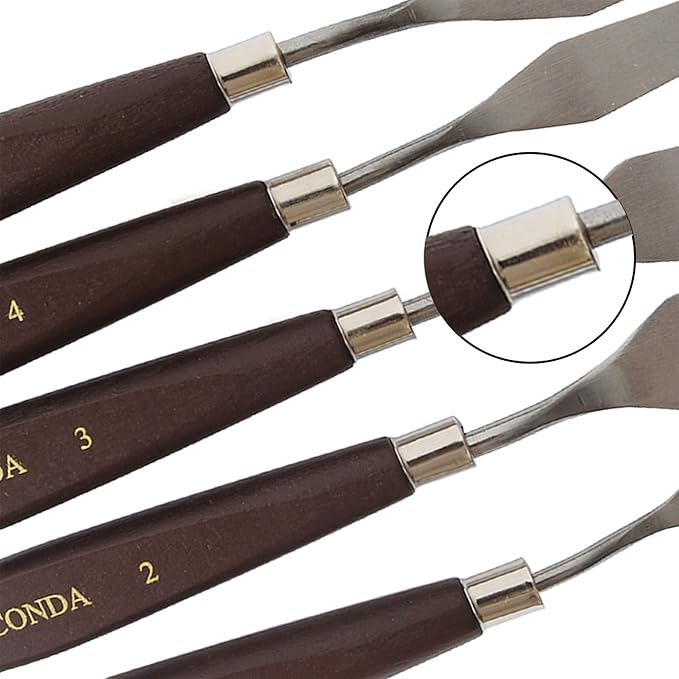 CONDA Palette Knife Painting Stainless Steel Spatula Palette Knife Oil Paint Metal Knives Wood Handle (Red 5 Piece) - Image 7