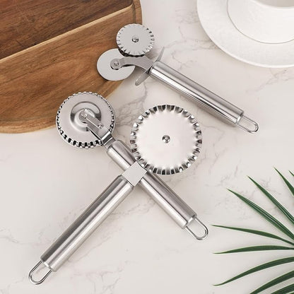3pcs Pastry Wheel Cutter Set, Stainless Steel Ravioli Pizza Cutter Wheel & Fluted Pasta Crimper with Ergonomic Handle for Dough Pie Kitchen Tools Accessories Supplies (Silver)