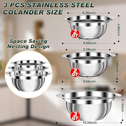 Stainless Steel Colanders with Mixing Bowl - 2.0QT & 2.0QT Strainer and Colander with Handle, 3.0QT Nesting Kitchen Bowl with Colander For Pasta, Vegetables, Fruit, Rice, 3PCS - Image 2
