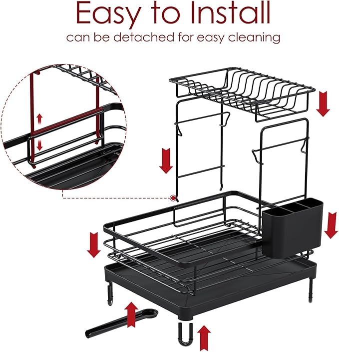 Sakugi Dish Drying Rack - X-Large Stainless Steel Dish Rack for Kitchen Counter, 2-Tier Kitchen Organizers and Storage for Dishes, Bowls, Cutlery, Black - Image 6