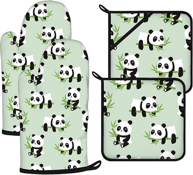 Cute Panda Oven Mitts and Pot Holders Sets 4Pcs,Extra Long Oven Gloves Potholder for Kitchen Cooking Baking BBQ 100% Cotton Heat Resistant by VisittheDuibelproduct