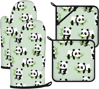 Cute Panda Oven Mitts and Pot Holders Sets 4Pcs,Extra Long Oven Gloves Potholder for Kitchen Cooking Baking BBQ 100% Cotton Heat Resistant by VisittheDuibelproduct