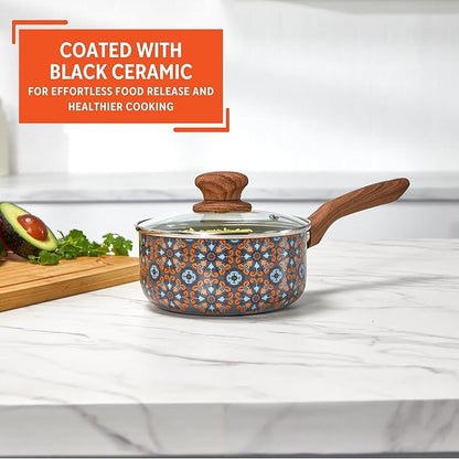 IMUSA 1.5 Quarts Talavera Nonstick Saucepan with Lid, Wood Look and Soft Touch Handle, Ceramic Coated - Image 4