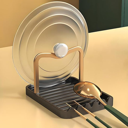 Stainless Steel Pot Lid Holder-Kitchen Organizer & Utensil Storage Rack with Detachable Drain Tray, Non-Slip Anti-Rust Countertop Space Saver for Spoons, Spatulas,Ladles,Tongs (Black Gold) by VANEME