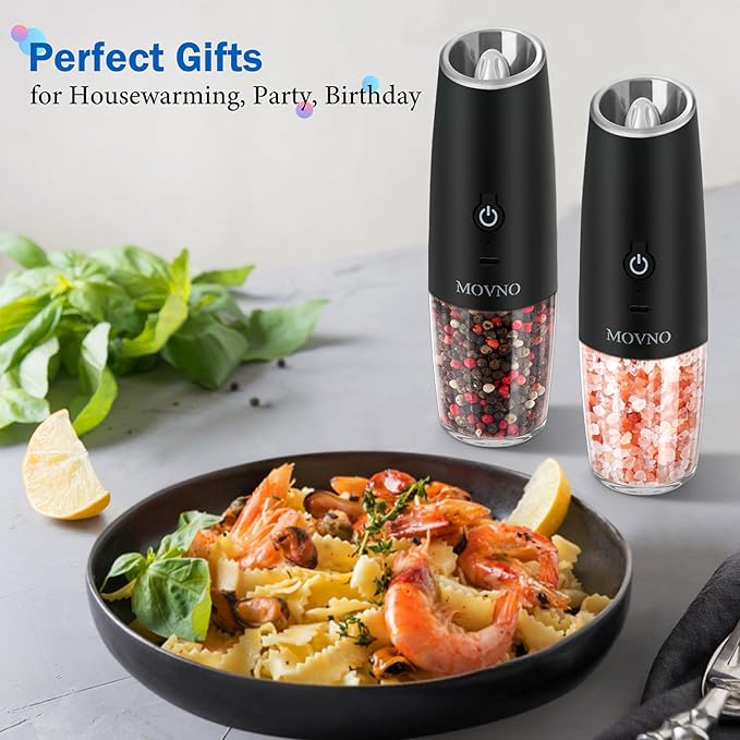 Gravity Electric Salt and Pepper Grinder Set, Battery Powered LED Light One Hand Automatic Operation, Adjustable Coarseness Mill Grinders Shakers Black (E. USB rechargeable -2P)