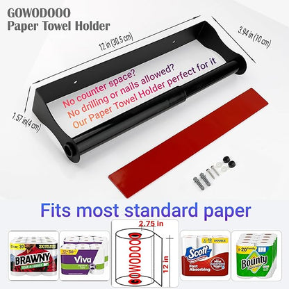 Paper Towel Holder Under Cabinet,Black Stainless Steel Under Counter Wall Mount,Paper Towel Holder,Waterproof and Rustproof Self-Adhesive Kitchen Roll Rack for Kitchen/Living Room/Bathroom