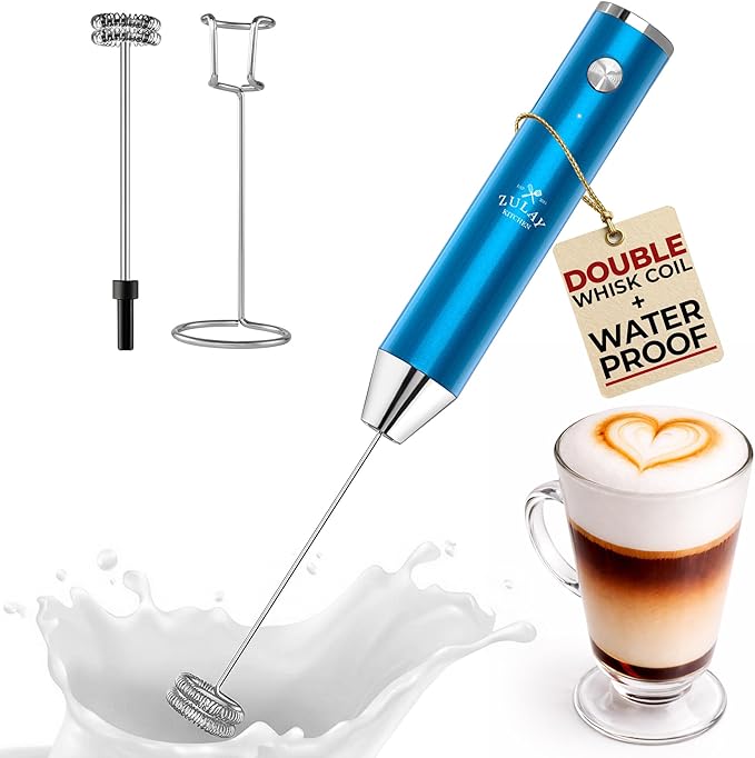 Zulay Kitchen Rechargeable Milk Frother Handheld Lux - Powerful 2-Speed Motor, Waterproof, 2000mAh Battery - Drink Mixer for Latte, Cappuccino, Matcha & Protein Powder - Metallic Blue by ZulayKitchen
