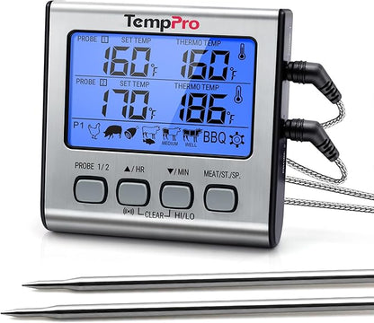 TempPro TP17 Dual Probe Digital Cooking Meat Thermometer Large LCD Backlight Food Grill Thermometer with Timer Mode for Smoker Kitchen Oven BBQ, Silver (Previously ThermoPro) by TempPro