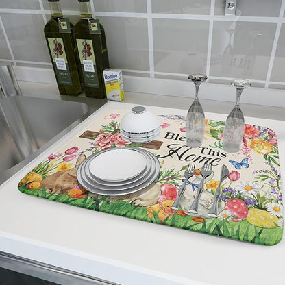Easter Farmhouse Dish Drying Mat Funny Animal Microfiber Dish Pad for Kitchen Counter Large 18 X24 In - Image 6