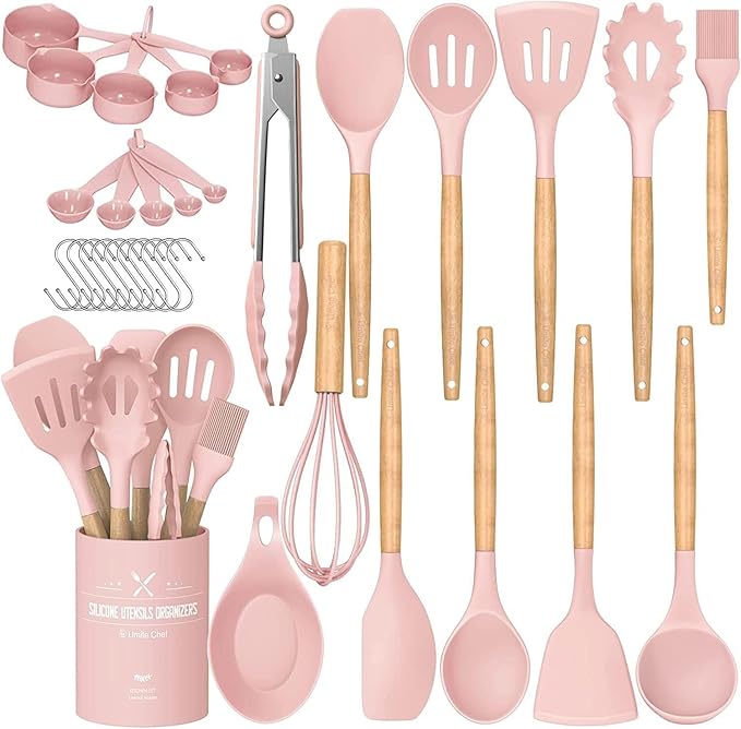 Umite Chef Silicone Kitchen Utensils Set, 33 Piece Non-Stick Kitchen Utensils with Stand, Wooden Handle, Pink by UmiteChef