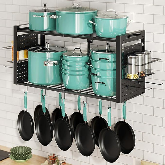 31 Inch Pot Rack Wall Mounted, 2-Tier Pots and Pans Organizer with 20 Hooks & Pan Organizer and Spice Rack, Heavy Duty Hanging Pot Hanger for Kitchen Cookware, Utensils, Black by FREEXPLOYER