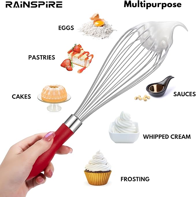 Rainspire 12-Inch Wire Whisk Stainless Steel, Balloon Whisks for Cooking, Wisk Wisking Tool With Soft Silicone Handle, Thick Durable Whisker for Blending, Beating, Whisking, Stirring, Red - Image 5