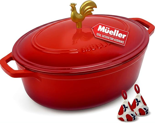 MUELLER HOME 5.5 Quart Enameled Cast Iron Oval Dutch Oven w Rooster Knob & Cotton Potholders, Heavy-Duty Cookware, Oven-Safe up to 500° F & Across All Cooktops, Gifts for Grandma & Women, Red by MUELLERHOME