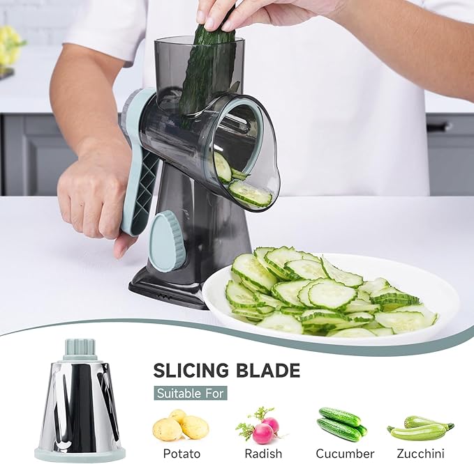 Cheese Grater Hand Crank, Manual Cheese Shredder with 3 Interchangeable Blades, Rotary Cheese Grater with Strong Suction Base, Easy to Use and Clean, GreyBlue - Image 3