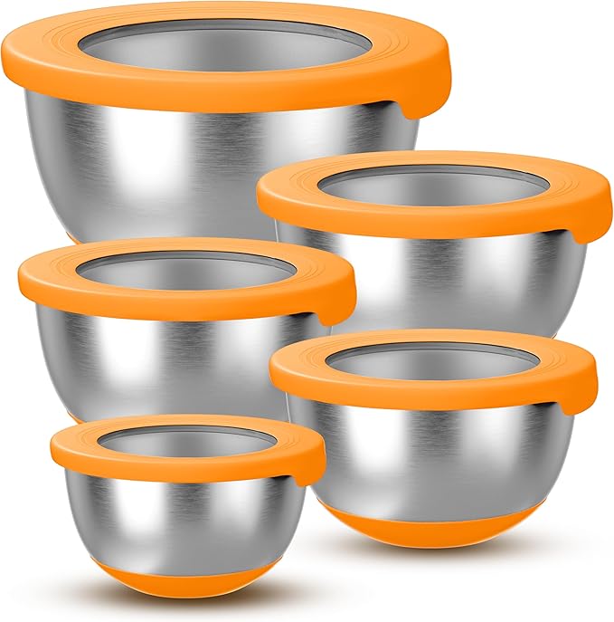 KITEISCAT Stainless Steel Mixing Bowls with Lids – Set of 5 Large Nesting Metal Bowls for Kitchen, Baking, Cooking, Food Prep & Storage, Non-Slip Base, Dishwasher Safe,Orange by KITEISCAT