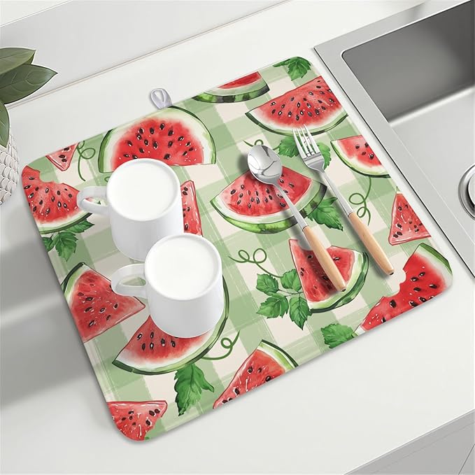 Summer Dish Drying Mat for Kitchen Counter Watercolor Watermelon Green Buffalo Plaid Microfiber Dish Drainer Mat Rustic Absorbent Washable Drying Pad 16"x18"
