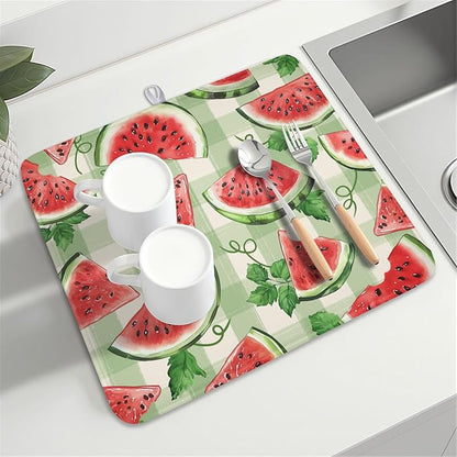 Summer Dish Drying Mat for Kitchen Counter Watercolor Watermelon Green Buffalo Plaid Microfiber Dish Drainer Mat Rustic Absorbent Washable Drying Pad 16"x18"