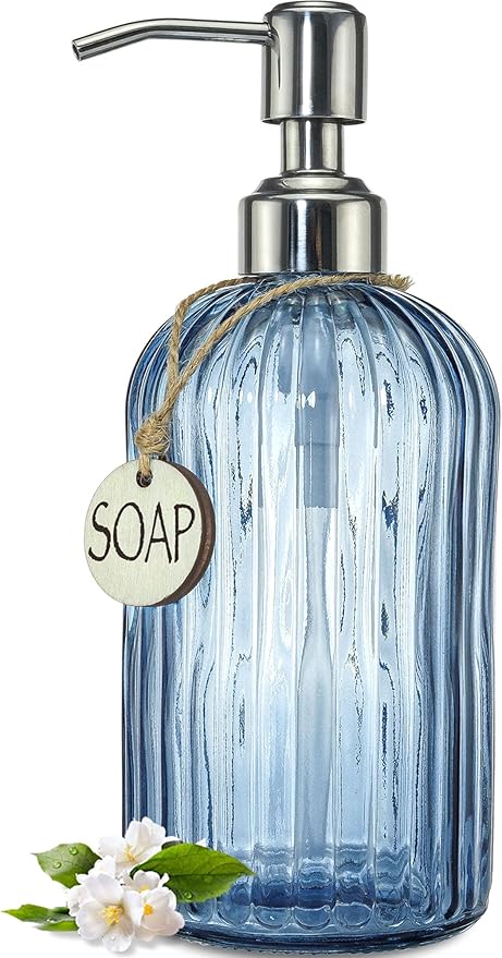 JASAI 18Oz Navy Blue Glass Soap Dispenser for Kitchen & Bathroom, Refillable Kitchen soap Dispenser with Vertical Stripe, Bathroom Soap Dispenser for Dispense Hand soap& Dish Soap. by JASAIHOME