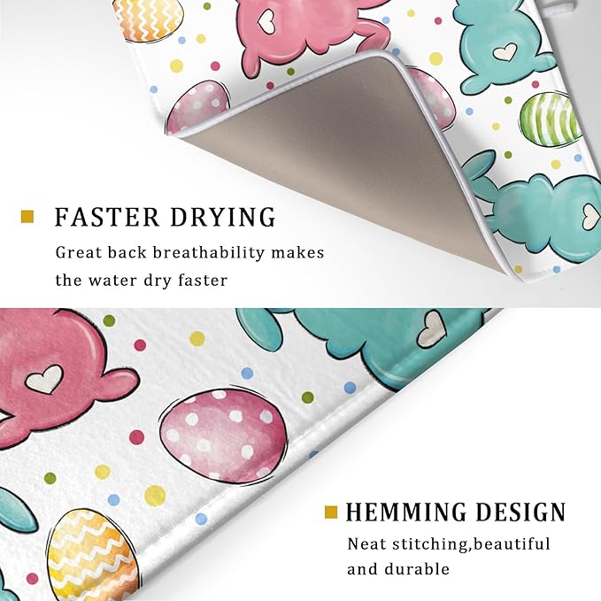 Easter Dish Drying Mat for Kitchen Counter Colorful Bunny Holiday Microfiber Absorbent Dish Draining Reusable Washable Foldable Extra Large 18"x24" - Image 3