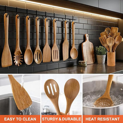 9 Pcs Wooden Spoons for Cooking Utensils with Utensil Holder Teak Wood Kitchen Utensils Set Flat Wooden Spatula Cooking Mixing Spoons Spaghetti Spoon Slotted Turner Scraper Spatula Large Utensils - Image 5