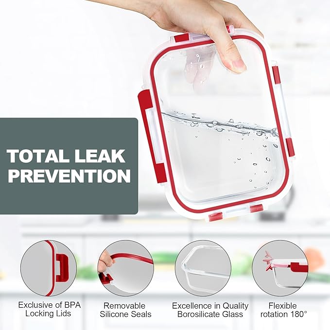 VERONES 10Pack Glass Meal Prep Containers, Airtight Glass Lunch Containers,Stackable Glass Food Storage Containers Set with Lids,Exclusive of BPA, for Microwave,Oven, Freezer&Dishwasher Friendly,Red - Image 3