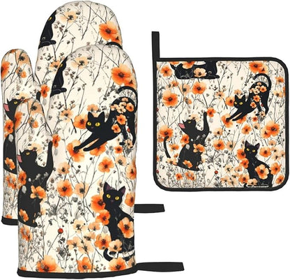 Orange Floral Pot Holders and Oven Mitts Set of 3,Cute Black Cat Kitchen Gloves Hot Pads for Baking Cooking Grilling BBQ Kitchen Decor,Black Cat Lover Gifts for Women