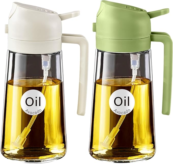 YARRAMATE 2Pcs 16oz/470ml 2 in 1 Oil Sprayer for Cooking with Stickers, Food-grade Glass Oil Spray Bottle, Oil Dispenser and Oil Sprayer for Kitchen, Salad, Frying, BBQ (White & Green) by YARRAMATE