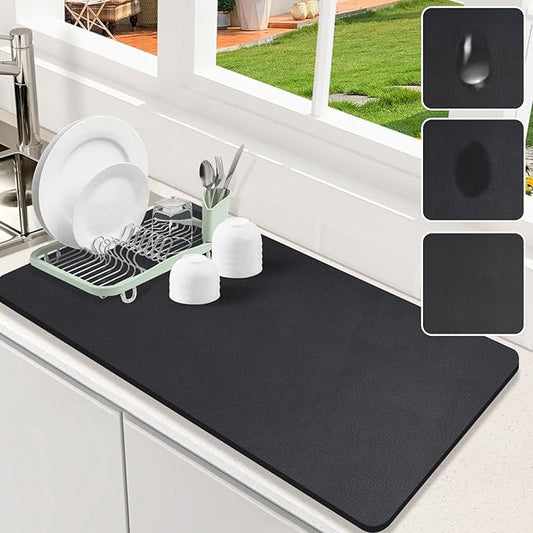Dish Drying Mat for Kitchen Counter, 17"x31.5" Dish Drying Pad with Non-slip Rubber Backed, Hide Stain Anti Absorbent for Kitchen Counter, Drying Mat for Coffee Machine Dish Rack (Black) by Etomiel