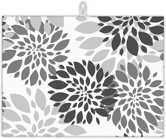 Black White Dahlia Dish Drying Mat for Kitchen Counter Decor,Geometric Dish Drying Rack Pad Absorbent Reversible Microfiber for Coffee Tableware Sink Countertop 18x24 Inch