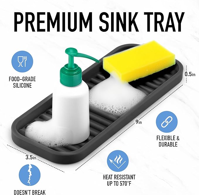 Zulay Kitchen (9x3.5) Silicone Sponge Holder for Kitchen Sink - Flexible Multipurpose Soap Tray Sponge Holder - Sink Organizer Tray for, Bathroom, Makeup, Trinkets & More (Black) - Image 2