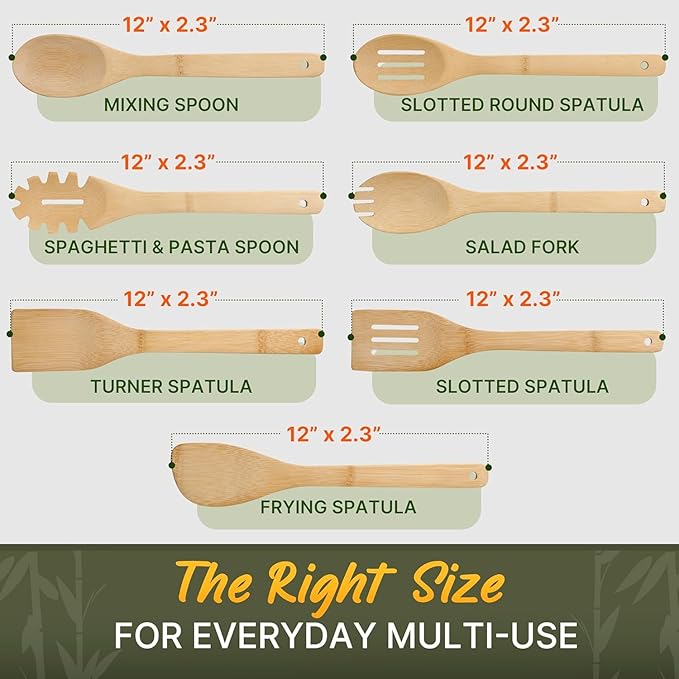 Wooden Utensil Set, Bamboo Utensils – 7 PCs Wood Spoons for Cooking, Easy to Clean, Sturdy, Lightweight & Heat Resistant - Image 3
