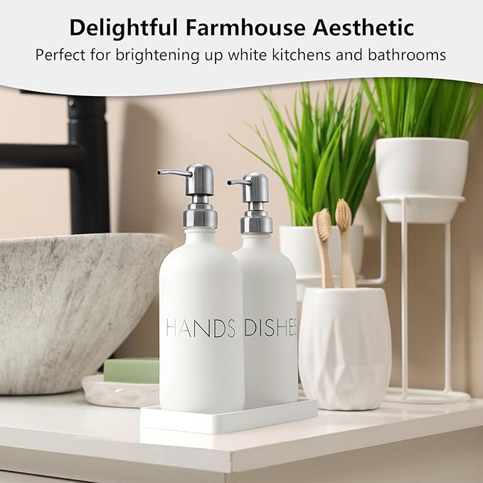 White Dish and Hand Soap Dispenser Set - Glass Kitchen Soap Dispenser with Tray and Stainless Steel Pump - for White Kitchen Decor and Accessories