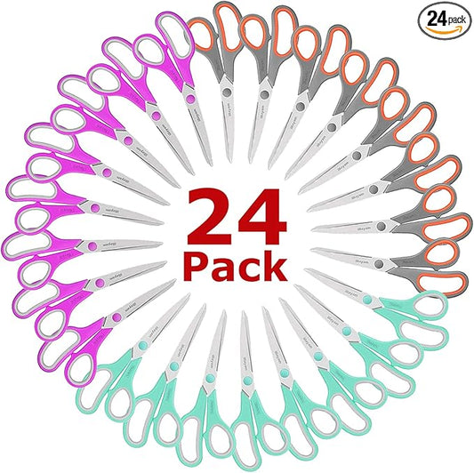 iBayam 8 '' Multipurpose Heavy Duty Scissors Bulk 24-Pack, 2.5mm Thickness Ultra Sharp Blade Shears with Comfort-Grip Handles for Household School Office Supplies, Right/Left Hand Tools by iBayamDirect