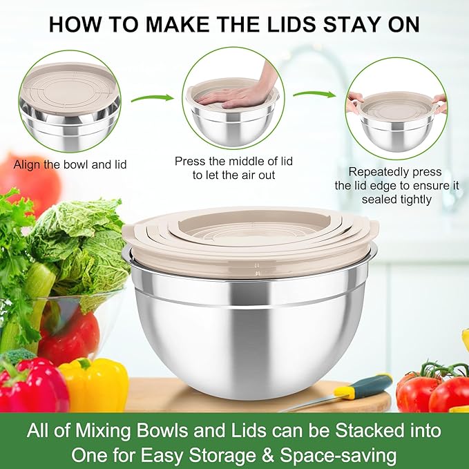 TeamFar Mixing Bowls with Airtight Lids, 5PCS Stainless Steel Metal Salad Bowl with 3 Grater Attachments, for Cooking, Prepping, Serving, Healthy & Easy Clean - 0.7/1/1.5/2.6/4.6QT, Khaki - Image 8
