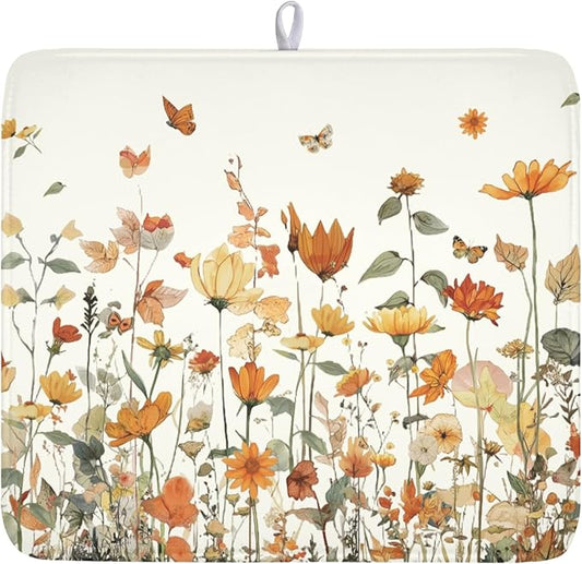 Fall Floral Dish Drying Mat for Kitchen Counter Orange Rustic Vintage Wildflower Pattern Microfiber Dish Drainer Mat Autumn Absorbent Washable Drying Pad Extra Large 16"x18"