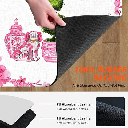 Pink Chinoiserie Dish Drying Mat - Pink Porcelain Dish Drying Mat,Chinoiserie Dog Drying Mat For Kitchen Counter,Coffee Bar Mat,Vintage Chinoiserie Drying Mat,16x17.5 Inch