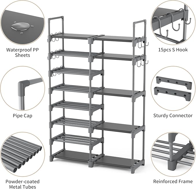ROJASOP Shoe Rack, Shoe Storage Organizer for Closet Entryway Garage Bedroom, 8 Tier Tall Metal Shoe Shelf for 26-32 Pairs Boots & Shoes, Adjustable Shoe Stand for Small Space - Image 5