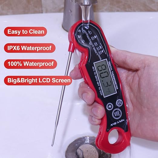 Meat Thermometer Digital for Grilling and Cooking - ANDAXIN Waterproof Ultra-Fast Instant Read Food thermometers with Backlight & Calibration for Kitchen, Deep Fry, BBQ, Grill(Red/Black), LCD - Image 4