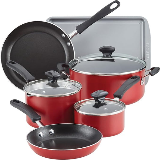 Farberware Cookstart DiamondMax Nonstick Cookware/Pots and Pans Set, Dishwasher Safe, Includes Baking Pan and Cooking Tools, 15 Piece - Red by Farberware