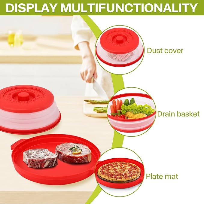 Microwave Splatter Cover for Food with Anti-scald Base Plate,Large Plastic & Silicone Vented Avoid Scalding Collapsible Guard Lid,Kitchen Essential Gadgets for Meal Prep-10.7 Inch (Red) - Image 4