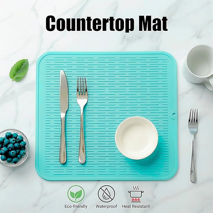 MicoYang Silicone Dish Drying Mat for Multiple Usage,Easy clean,Eco-friendly,Heat-resistant Silicone Mat for Kitchen Counter or Sink,Refrigerator or Drawer Liner Mint XL 18 inches x 16 inches - Image 3