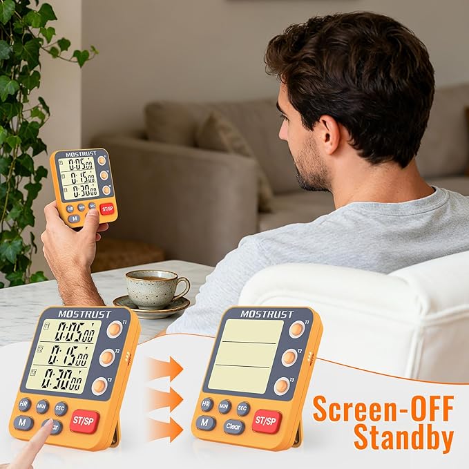 Digital Dual Kitchen Timer, 3 Channels Countdown Triple Timer for Cooking, Magnetic Memory-Preset Large Display Adjustable Alarm Volume, Multi Times Management, 3A Battery Included, Orange - Image 5