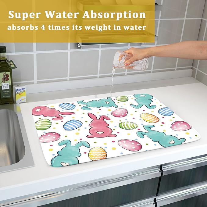 Easter Dish Drying Mat for Kitchen Counter Colorful Bunny Holiday Microfiber Absorbent Dish Draining Reusable Washable Foldable Extra Large 18"x24" - Image 7